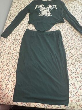 High-Waist Dark Green Midi Pencil Skirt Set